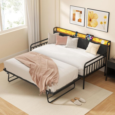 Daybed with Trundle, Sturdy Metal Twin Bed Frame with Upholstered Headboard and Charging Station for Living Room by 17 Stories