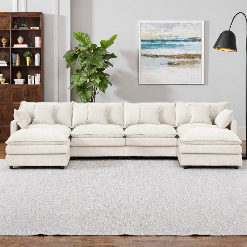 Modular U-Shaped Sectional Sofa 130.7" Chenille 4-Seater with Ottoman, Beige, Beige