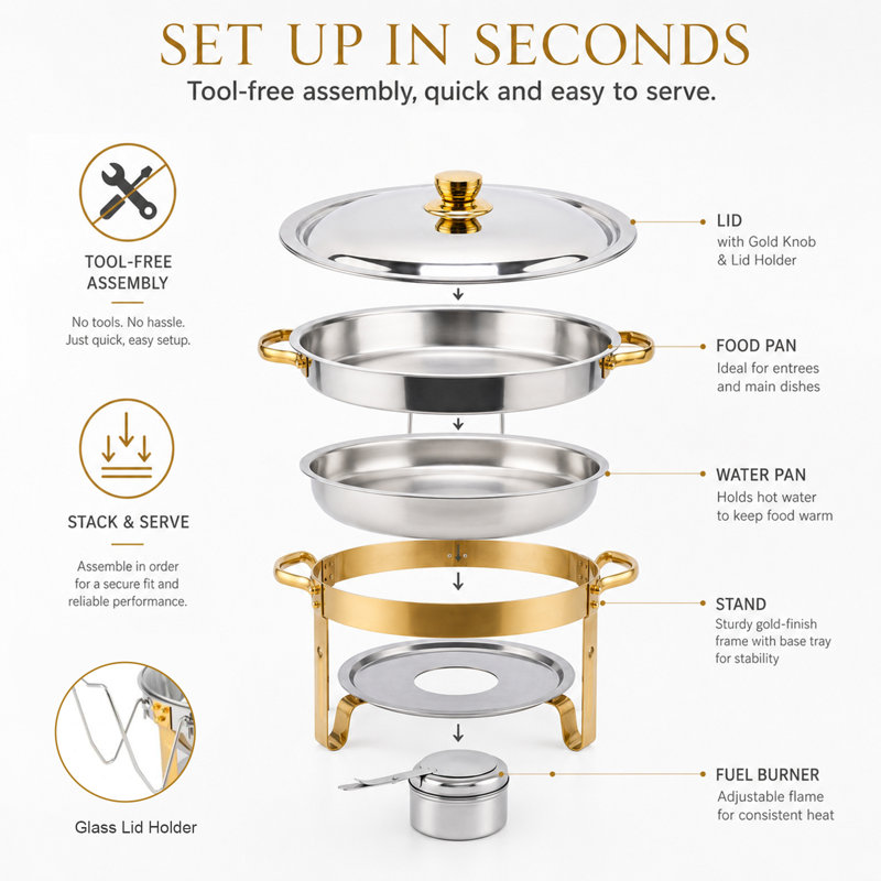 4.5L Stainless Steel Chafing Dish Buffet Set,  Food Warmers Buffet Server for Parties, Home, Gatherings, Gold