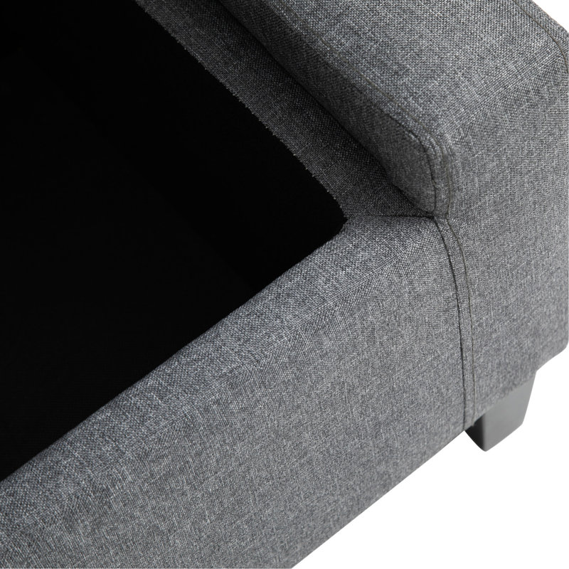 Banc de rangement pour le salon en lin gris, plateau relevable avec bouton, repose-pieds polyvalent, lit et grand choix de revêtement en lin pour une installation polyvalente