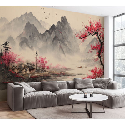 Wall Mural Peel and Stick Wallpaper Chinese Ink Landscape Painting Mountain Scenery Misty River Self-Adhesive Removable Contact Paper Wall Decor for Living Room Bedroom 100"H x 144"W