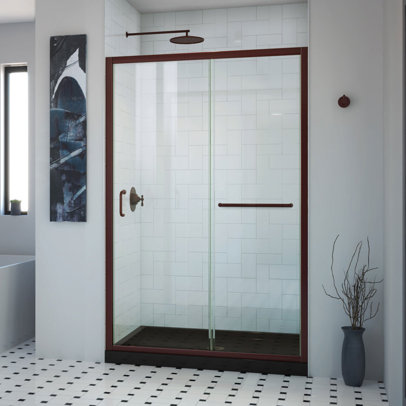 DreamLine Infinity-Z P 32 po x l 54 po x H 74 3/4 po porte de douche coulissante semi-sans cadre en bronze huilé avec base de douche noire