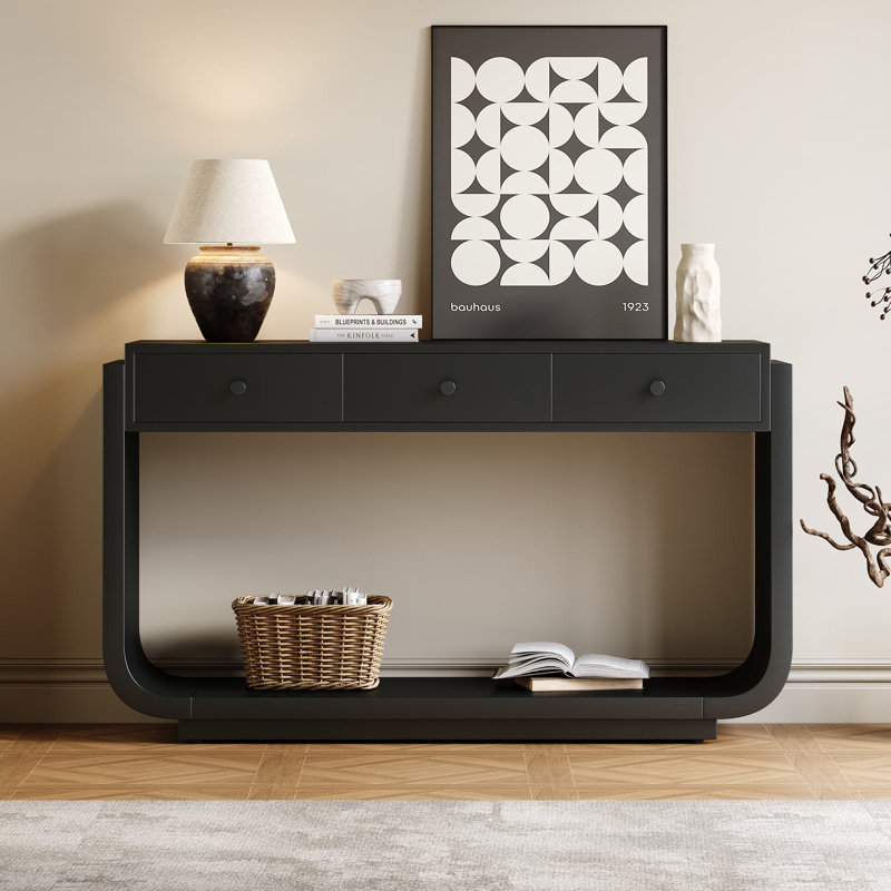 Console incurvée de 55,04 po Naun, 3 tiroirs de rangement, tablette inférieure robuste et tablette de présentation, Noir