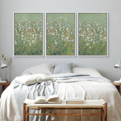 Vibrant Wildflower " Emerald Green Monet White Flower Field Nature Modern Art Floral Botanical Minimal Calm " 3 - Pieces