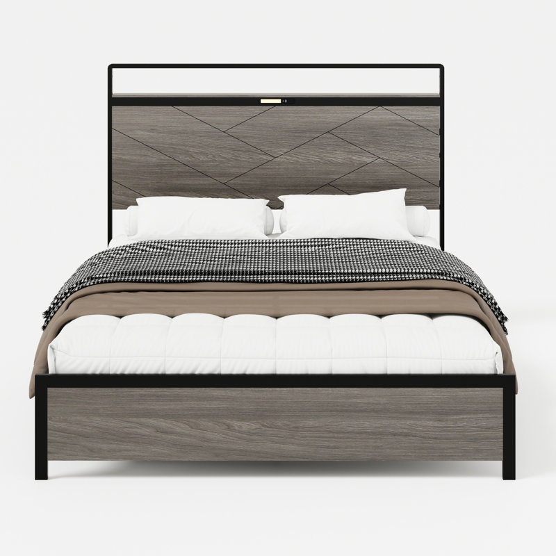 Full Size Bed Frame, Metal And , With Storage, Led Lighting, Type - C Charging, Retro Style, Stable Build Frame Headboard, 2 Ports, Under Antique Grey Metal, Quiet