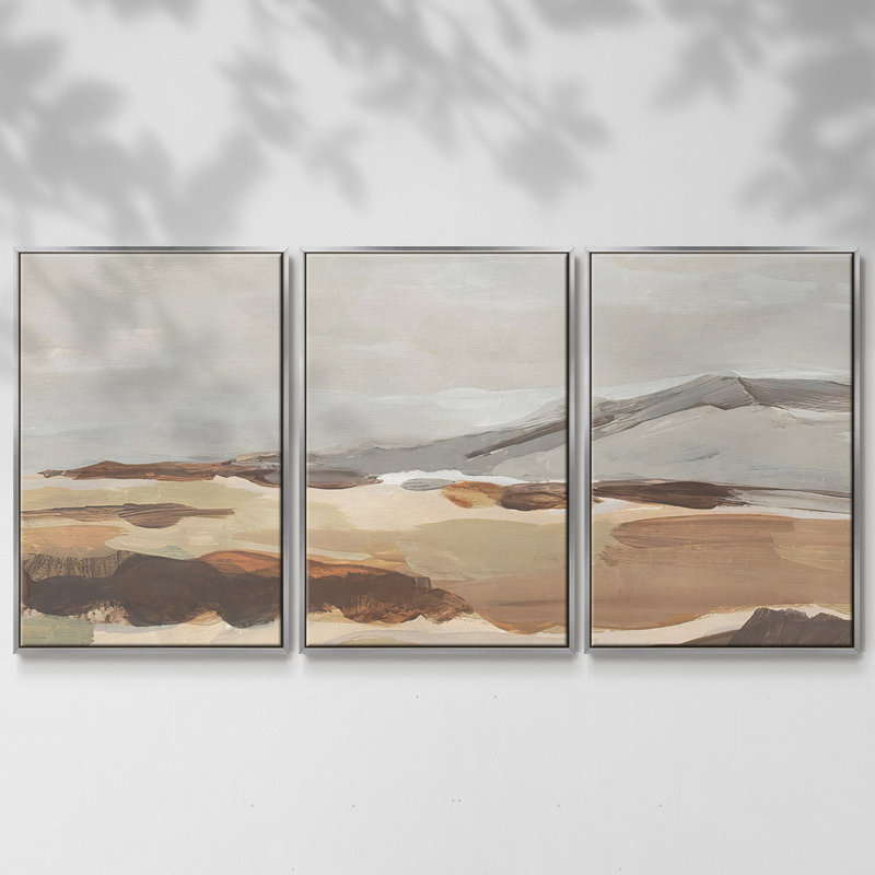 «Dusky Mountain I», peinture sur toile 3 pièces, Encadrement argenté, H 36 po x l 75 po
