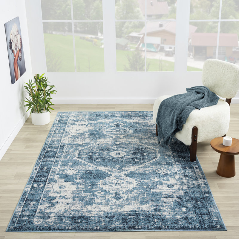 Tapis bleu / ivoire à motif de médaillon oriental classique lavable à la machine, Rectangle 5 pi x 7 pi