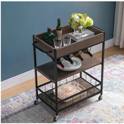 Three-Tier Rolling Cart with Four Wine Bottle Racks - Metal by Ophelia & Co.