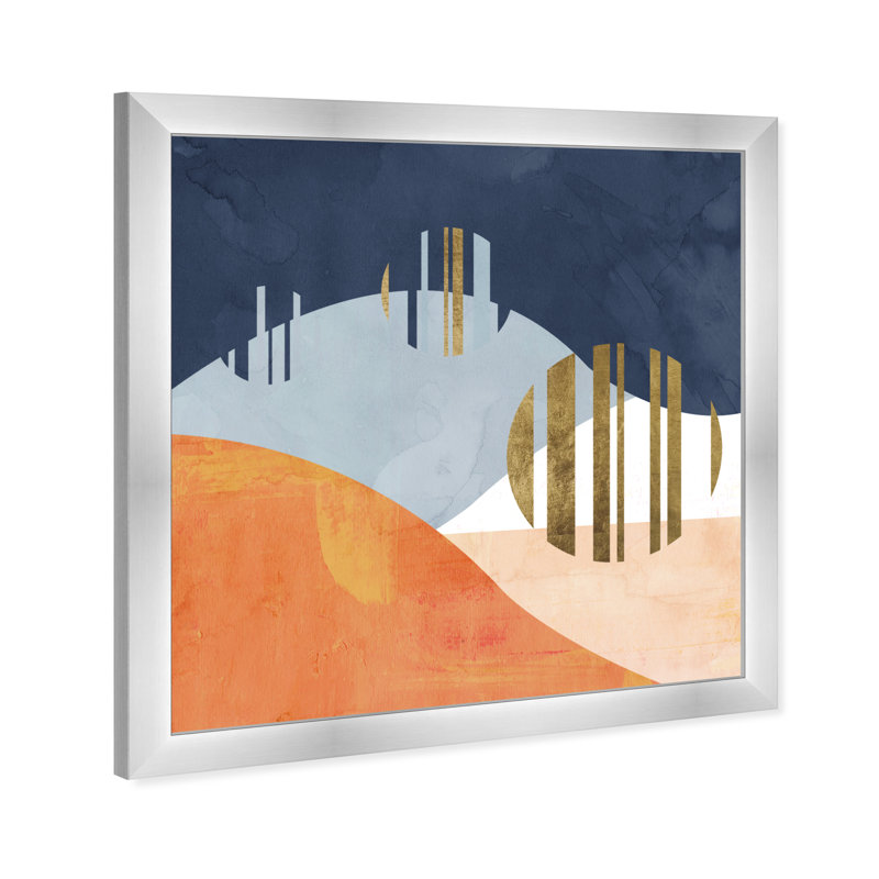 Reproduction d'art moderne encadré bleu et orange de style Mid-Century pour le salon, L 32 po x H 32 po, Argent