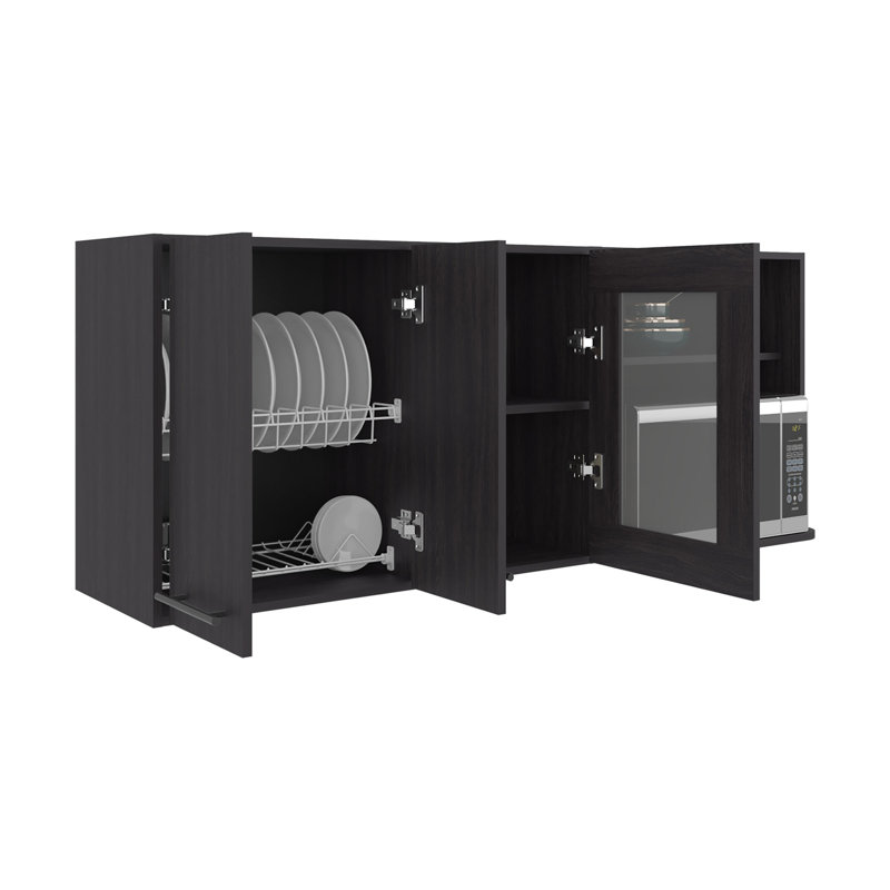 Rangement mural pour armoire de cuisine avec espace pour micro-ondes, 4 portes, tablettes de rangement intérieures, tablette ouverte et porte-vaisselle intégré Hasselt