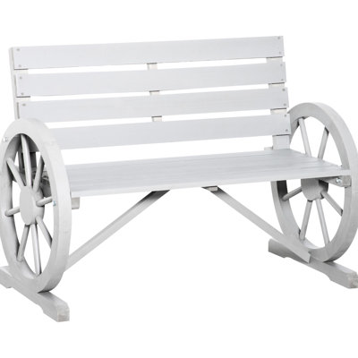 Outdoor Rustic 2 Bench - 41" Wooden Wagon Wheel, Gray, Weather , , Solid Fir Wood Construction Gray Bench, With Wheel And Weather- Seat