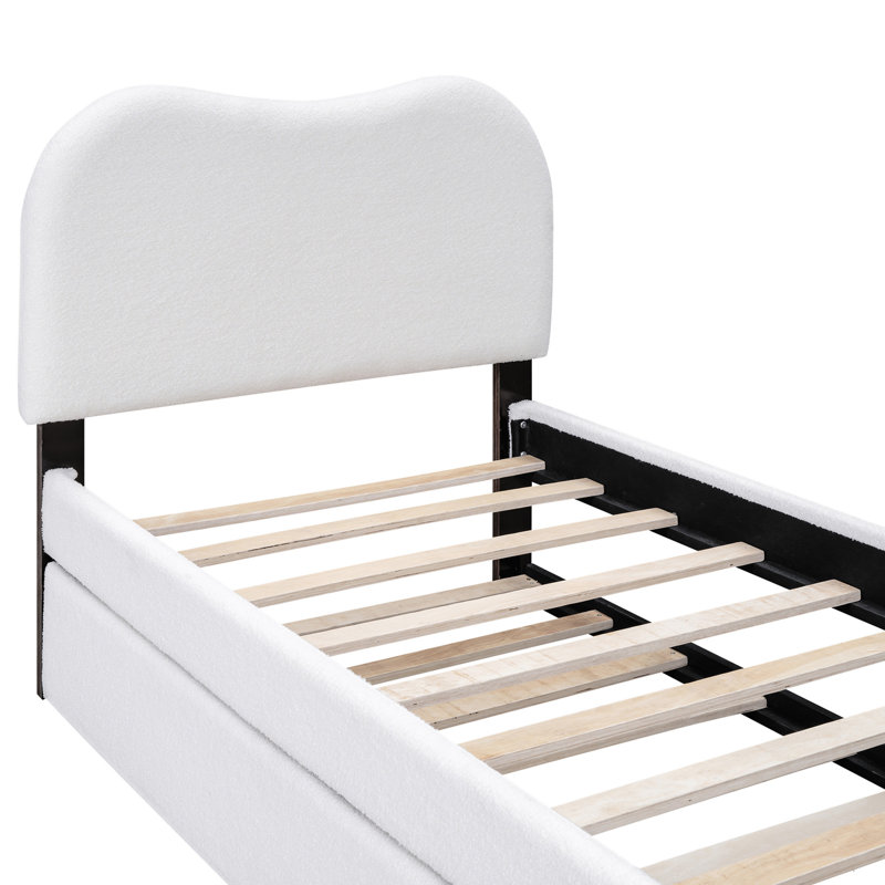 Lit plateforme simple tapissier avec pieds de support en bois et lit gigogne simple