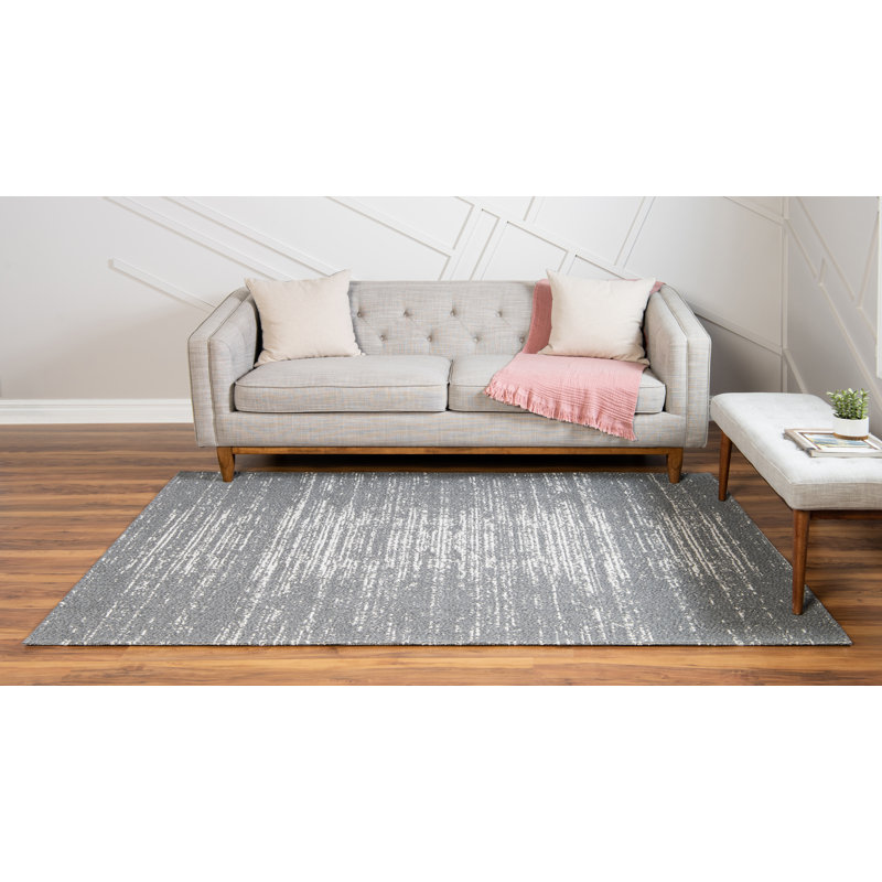 Tapis abstrait gris / ivoire en coton, Rectangle 5 pi x 7 pi 2 po