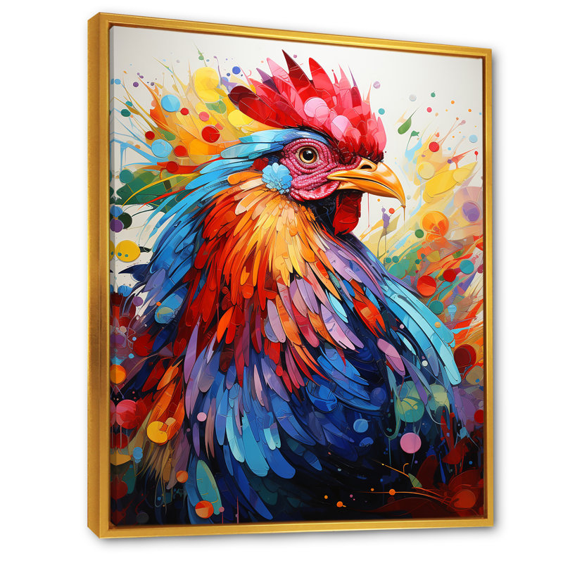 Coq coloré - décoration murale coq, H 44 po x l 34 po x P 1,5 po, Cadre flottant doré
