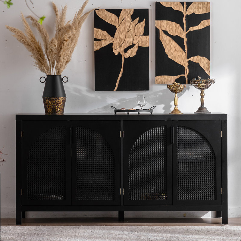 58" Black Buffet Sideboard Cabinet with Storage, Large Sideboard Cabinet with Symmetrical Arc Rattan Door Coffee Bar Table, Credenza with Adjustable Shelves & 4 Doors for Living Room