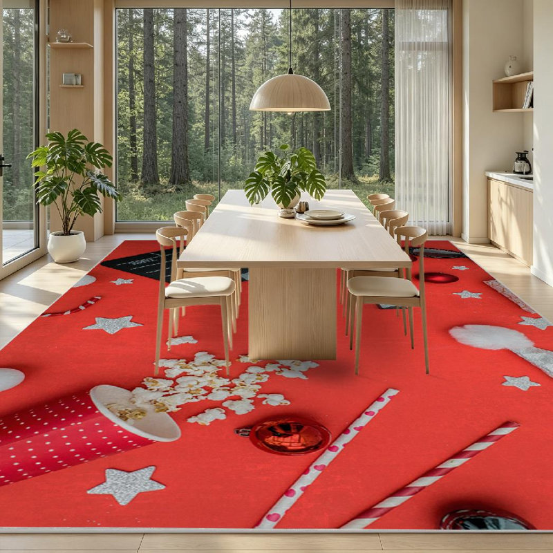 Tapis intérieur rouge lavable à la machine, motif billets de cinéma, clap de cinéma et popcorn, Rectangle 71 po x 98 po