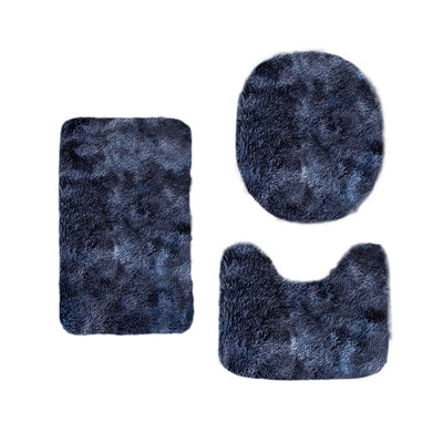  Ensembles de salle de bain 3 pièces avec housse de siège de toilette, ensemble de tapis de bain à poils longs en microfibre, tapis de bain lavables antidérapants pour salle de bain, baignoire, douche, bleu foncé