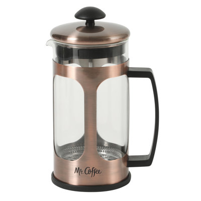 Mr. Coffee French Press Coffee Maker, 34 oz/1 Liter Glass Carafe with High Heat Resistant Durable Borasilicate Glass & Copper Metal Frame and Plunger, Includes Coffee Scoop