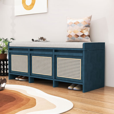Retro Entryway Storage Bench with 3 Rattan Drawers, Hidden Lift-Top Storage and Removable Upholstered Cushion for Hallway