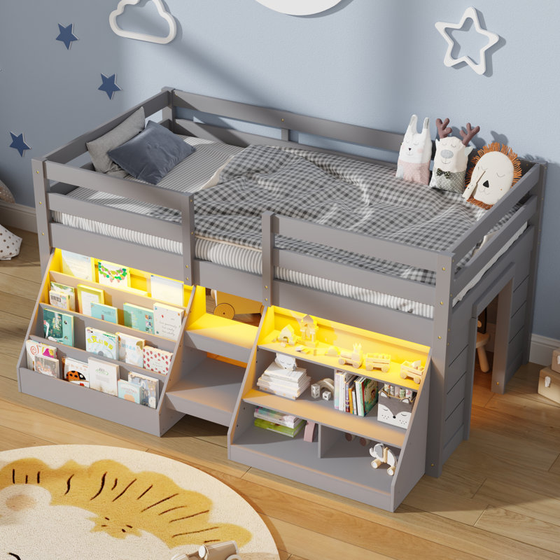 Twin Wooden Low Loft Bed With Stairs & Safety Guardrail, Loft Bed Twin Size With Bookcase And Under-Bed Play Space, Gray