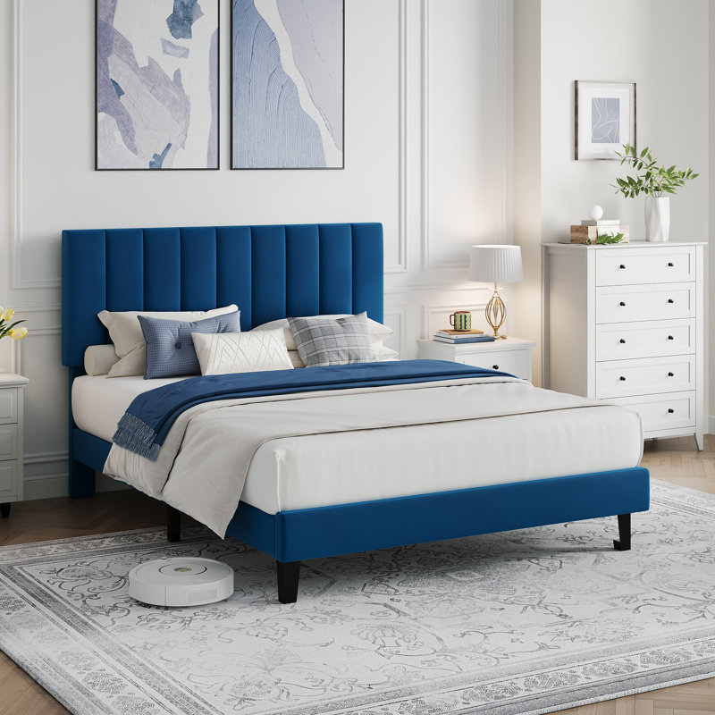 Structure de lit, structure de lit tapissier en velours avec tête de lit capitonnée à rainure verticale, hauteur de tête de lit ajustable pour matelas de 8 à 12 po, silencieux