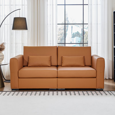 Canapé en cuir orange 78 po avec 2 coussins carrés, canapé modulaire profond Mid-Century avec pieds en métal et accoudoirs carrés, causeuse rétro pour le salon