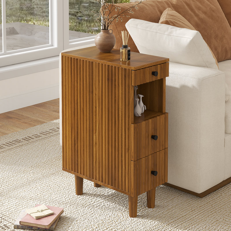 Table d'appoint étroite cannelée de 20 cm de large avec tiroir de rangement, table d'appoint moderne en bois pour salon ou chambre.
