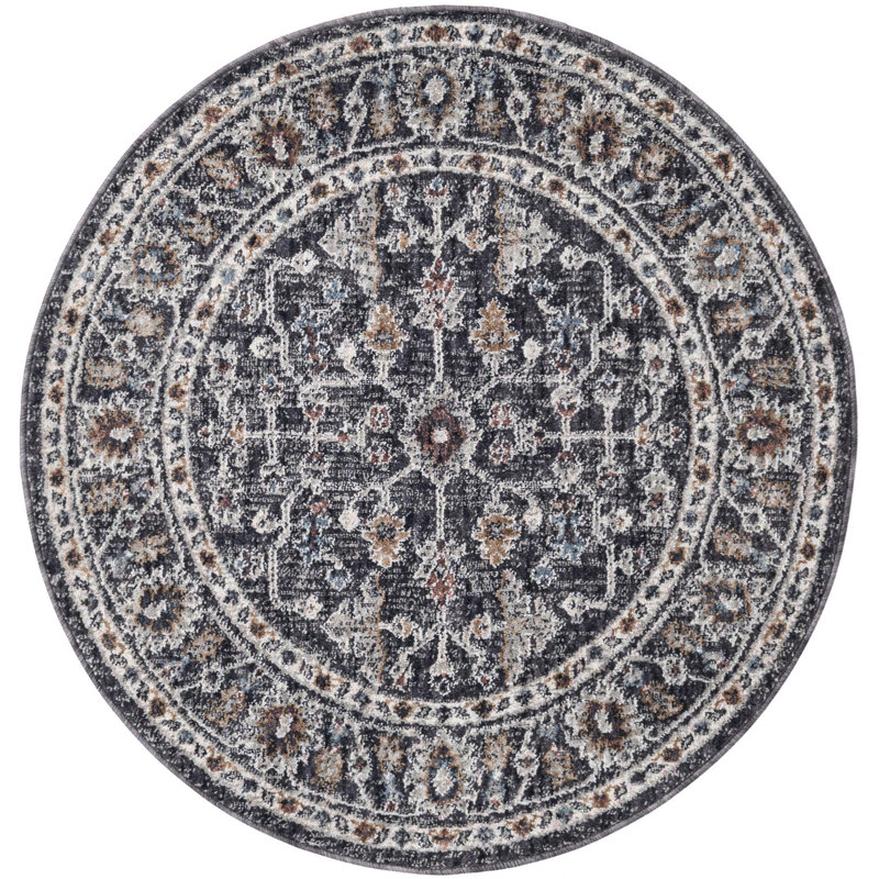 Tapis traditionnel gris foncé / brun clair, Rond 3 pi 3 po