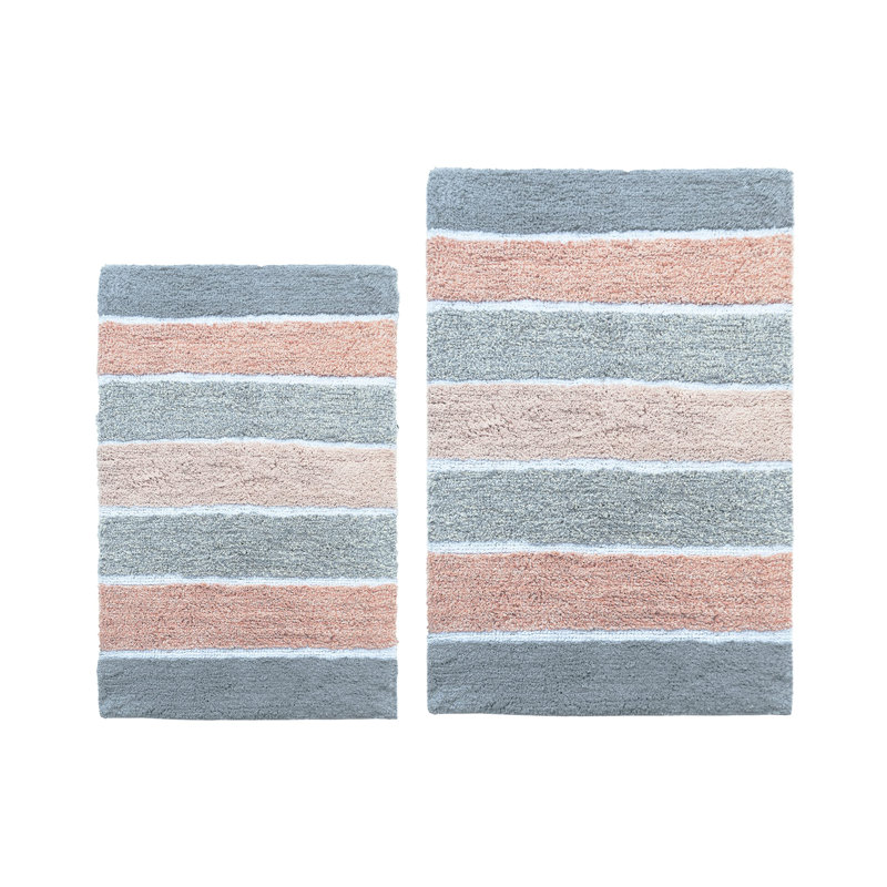 Ensemble de 2 tapis de bain à rayures antidérapants 100% coton Cervantes, Gris/Rosé, 21''x34''/17''x24''