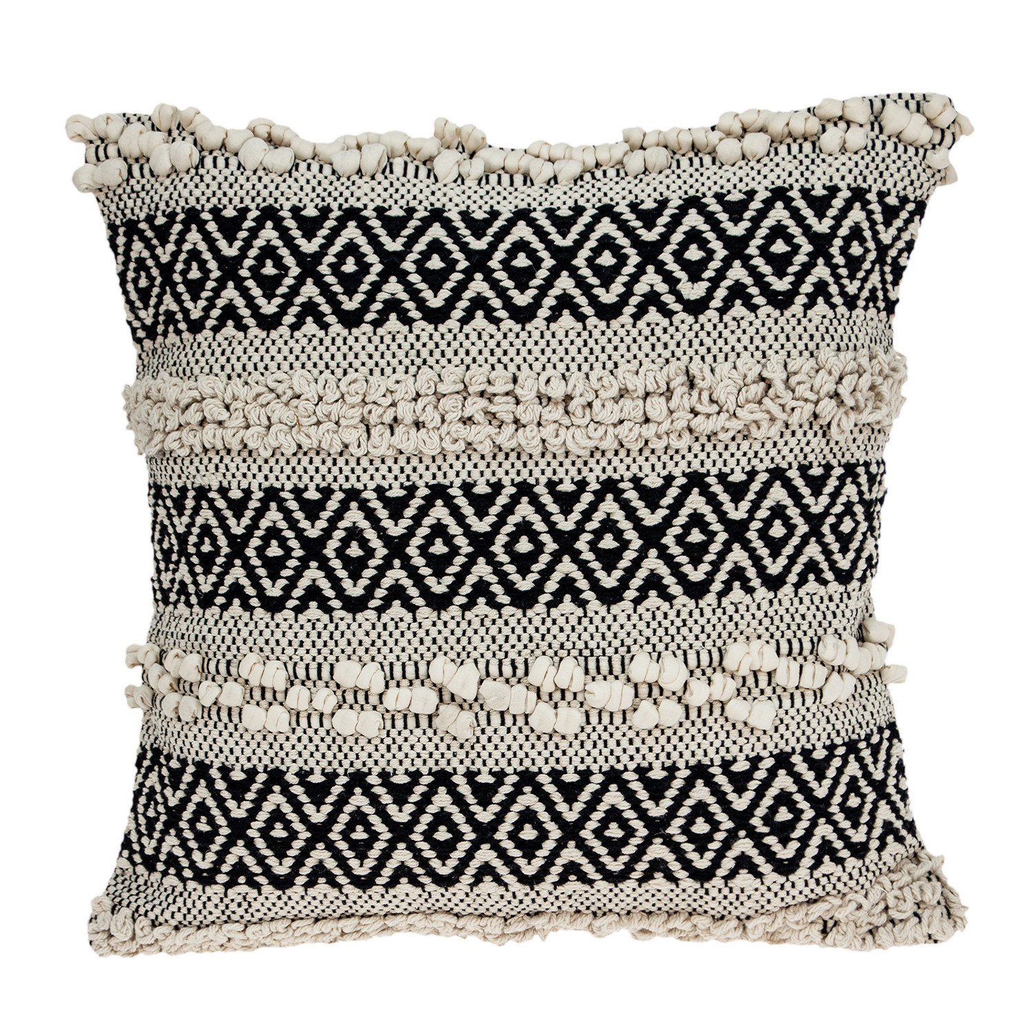 Dakota Fields 18 x 18 Square Polycotton Handwoven Accent Throw Pillow,  Fringed, Sequins, Chevron Design, Off White