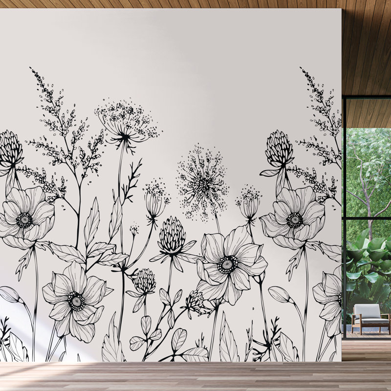 Meadow Bloom Sketch Black Wall Mural