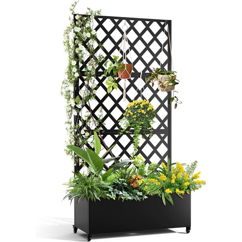Paravent en métal avec pot à fleurs, treillis décoratif à 3 panneaux pour le jardin, le patio et la cour