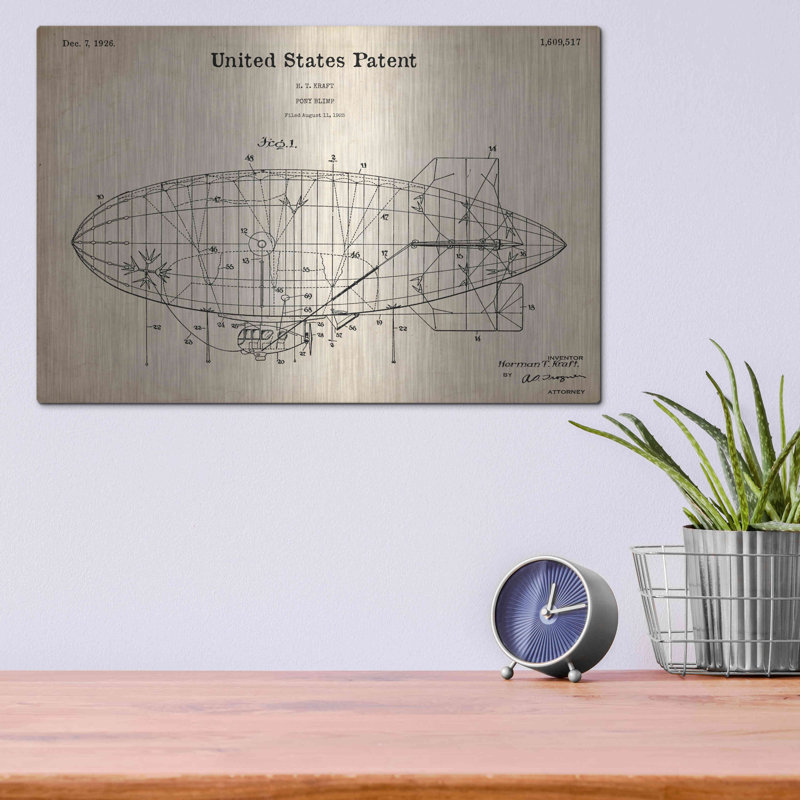 «Pony Blimp Blueprint Brevet Parchment», art mural en métal, 36 po x 24 po, H 12 po x l 16 po