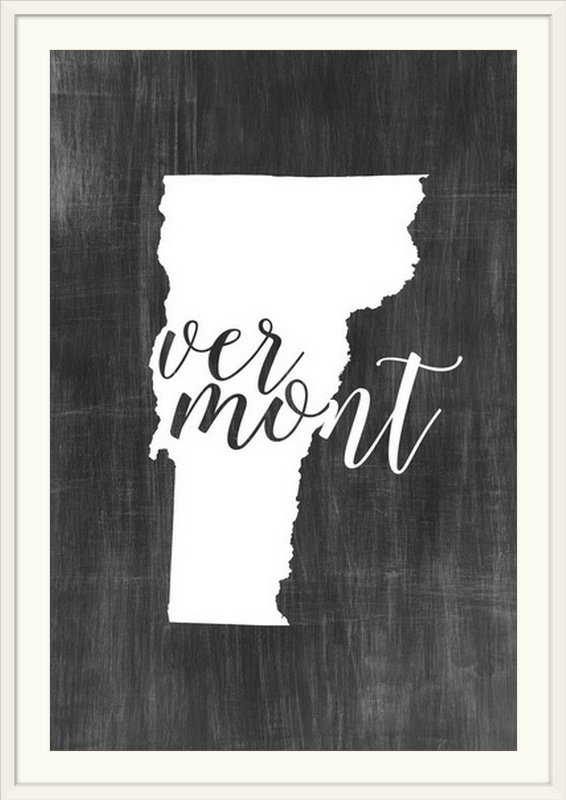 «Home State Typographie Vermont», impression de cercle intérieur, H 38 po x l 28 po x P 1 po, Cadre blanc