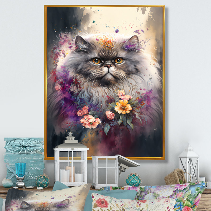 Mignon chat persan, art floral I - peinture sur toile, H 32 po x l 24 po x P 1 po, Toile avec cadre flottant or