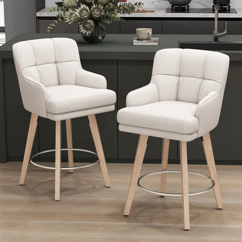 26''H Upholstered 360°Swivel Counter Height Bar Stools, Wood Legs Kitchen Island Chairs, Beige Seat/ Natural Frame, 2