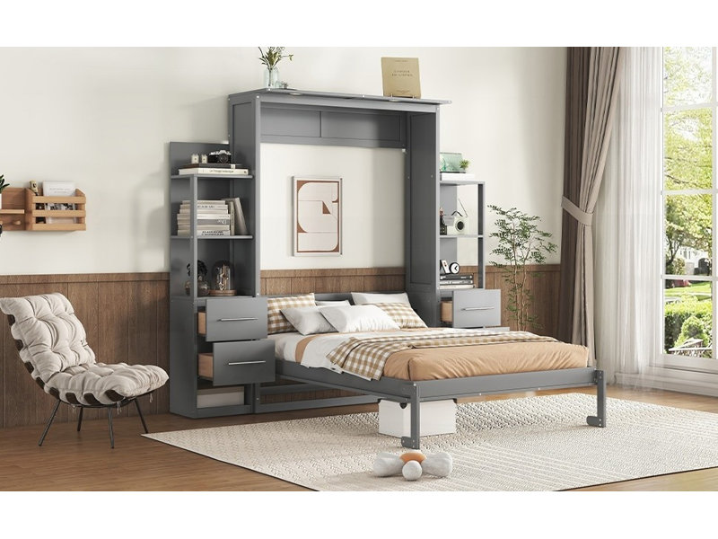 Lit escamotable pleine grandeur avec tablettes, tiroirs et amp; Lumières DEL - aucun sommier nécessaire, armoire grise durable
