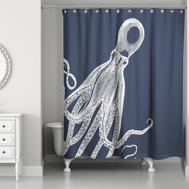 Rideau de douche simple Pacheco, Blanc / Bleu marine