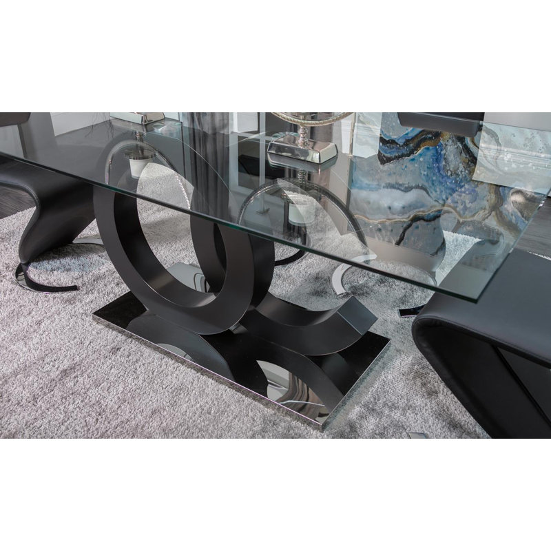 Contemporary Matte Black and Stainless Steel Dining Table with Glass Top