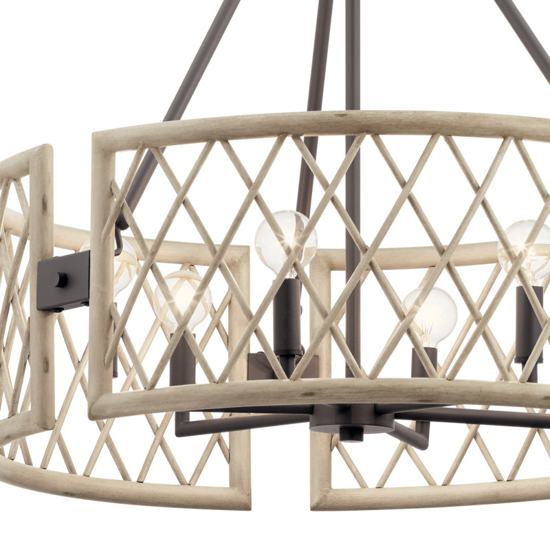 6 - Light Dimmable Drum Chandelier, White Washed Wood