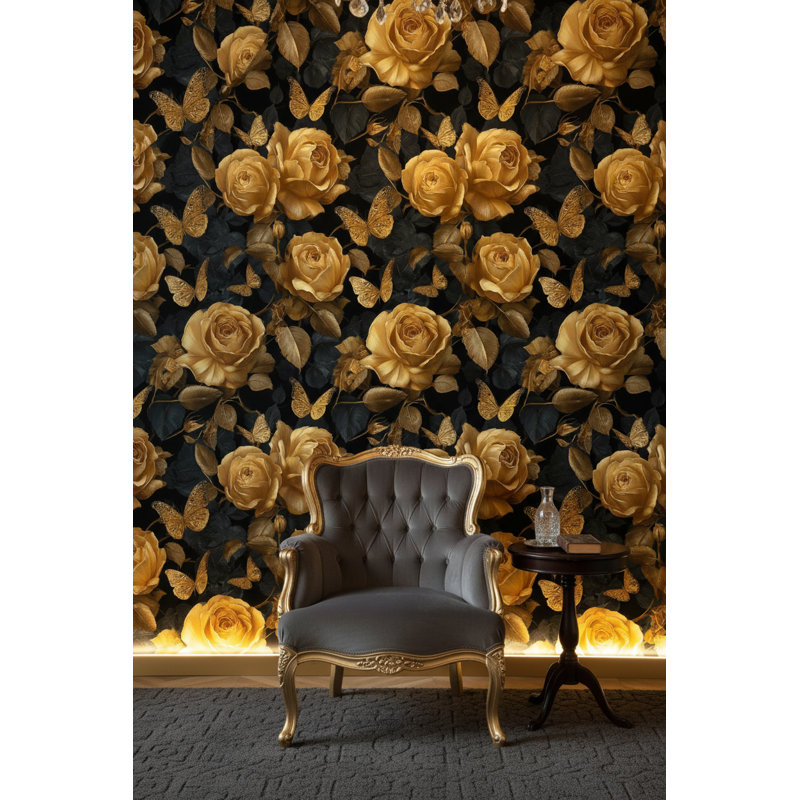 Papier peint floral sur fond doré