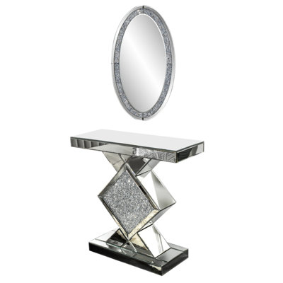 31.5" Mirrored Console Table & 35" Diamond Inlay Oval Mirror Set