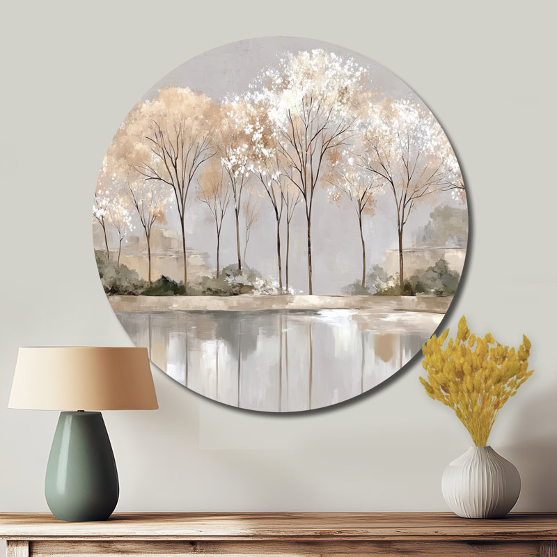 Golden Sunset Trees In Winter - Paysages, décoration murale ronde en métal, L 16 po x H 16 po