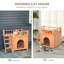 Maison pour chat à 2 niveaux en bois, abri pour chien avec porte grillagée et balcon verrouillable, bois naturel