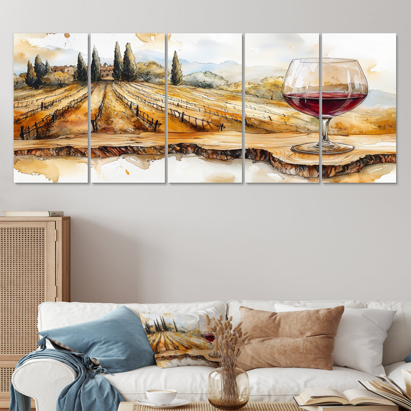 Vignoble avec verre de vin en Provence paysage I - décoration murale vignoble - art mural traditionnel 5 pièces