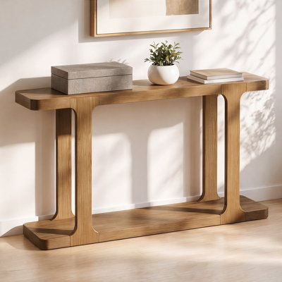 50" Minimalist Modern Console Table, Inlaid Assembly Design, Solid Wood Legs, Pine Veneer, Thick Tabletop & Bottom Shelf, Entryway Sofa Table for Livi