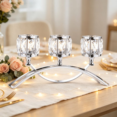 Crystal Bowl Tealight Candelabra Votive Candle Holders, Three Arms Arch Silver Candlestick Centerpiece for Wedding Dining Table Decor