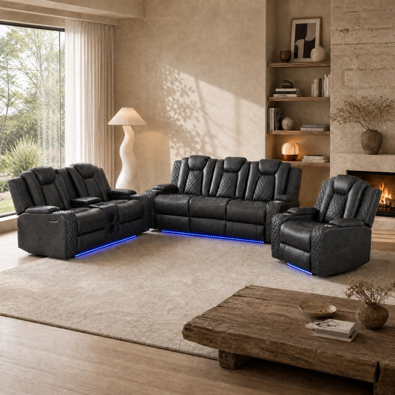 Ensemble de canapé cinéma maison inclinable électrique 3 pièces (fauteuil, causeuse et canapé) - Similicuir avec technologie intelligente et éclairage ambiant