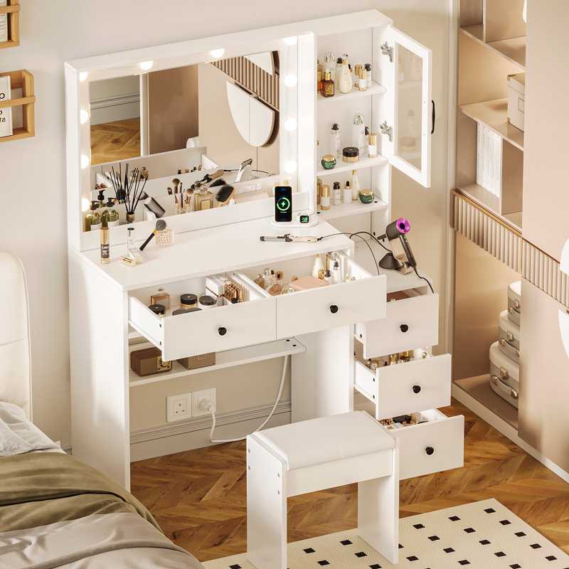 35" White Vanity Set with Vanity Chair, 3-Color Dimmable Mirror & Charging Station, Modern Bedroom Makeup Table with Drawers and Side Cabinet