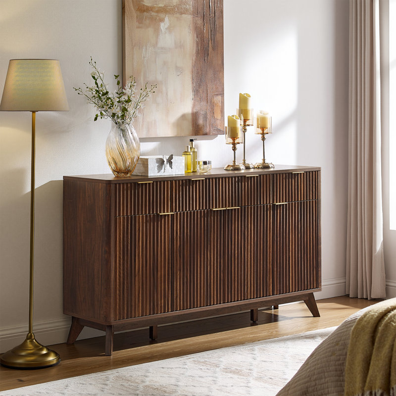 60" Modern Fluted Sideboard Buffet Cabinet With Doors And Shelves, Dark Walnut